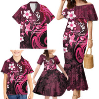 Personalised Memorial Breast Cancer Awareness Family Matching Mermaid Dress and Hawaiian Shirt Plumeria Floral Tribal Pattern - Polynesian Pride
