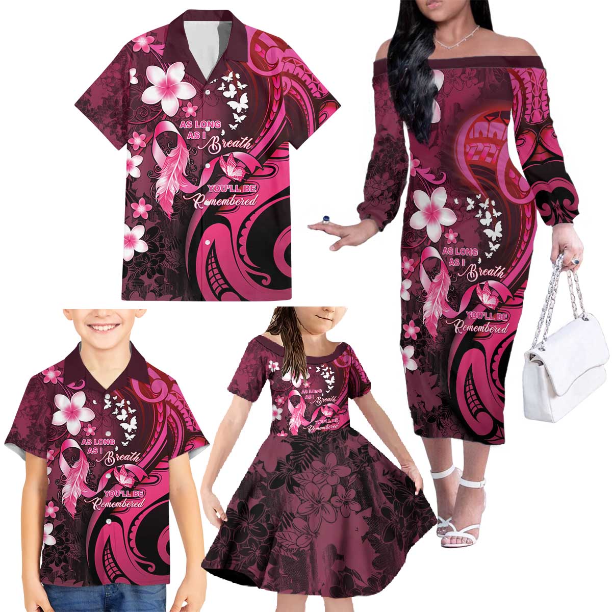 Personalised Memorial Breast Cancer Awareness Family Matching Off The Shoulder Long Sleeve Dress and Hawaiian Shirt Plumeria Floral Tribal Pattern - Polynesian Pride