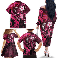 Personalised Memorial Breast Cancer Awareness Family Matching Off The Shoulder Long Sleeve Dress and Hawaiian Shirt Plumeria Floral Tribal Pattern - Polynesian Pride