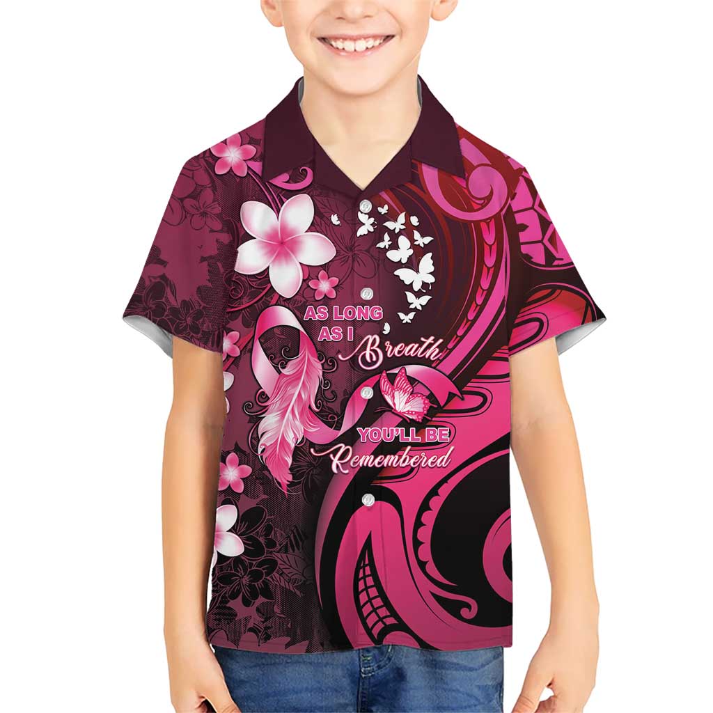 Personalised Memorial Breast Cancer Awareness Kid Hawaiian Shirt Plumeria Floral Tribal Pattern LT05 Kid Black - Polynesian Pride