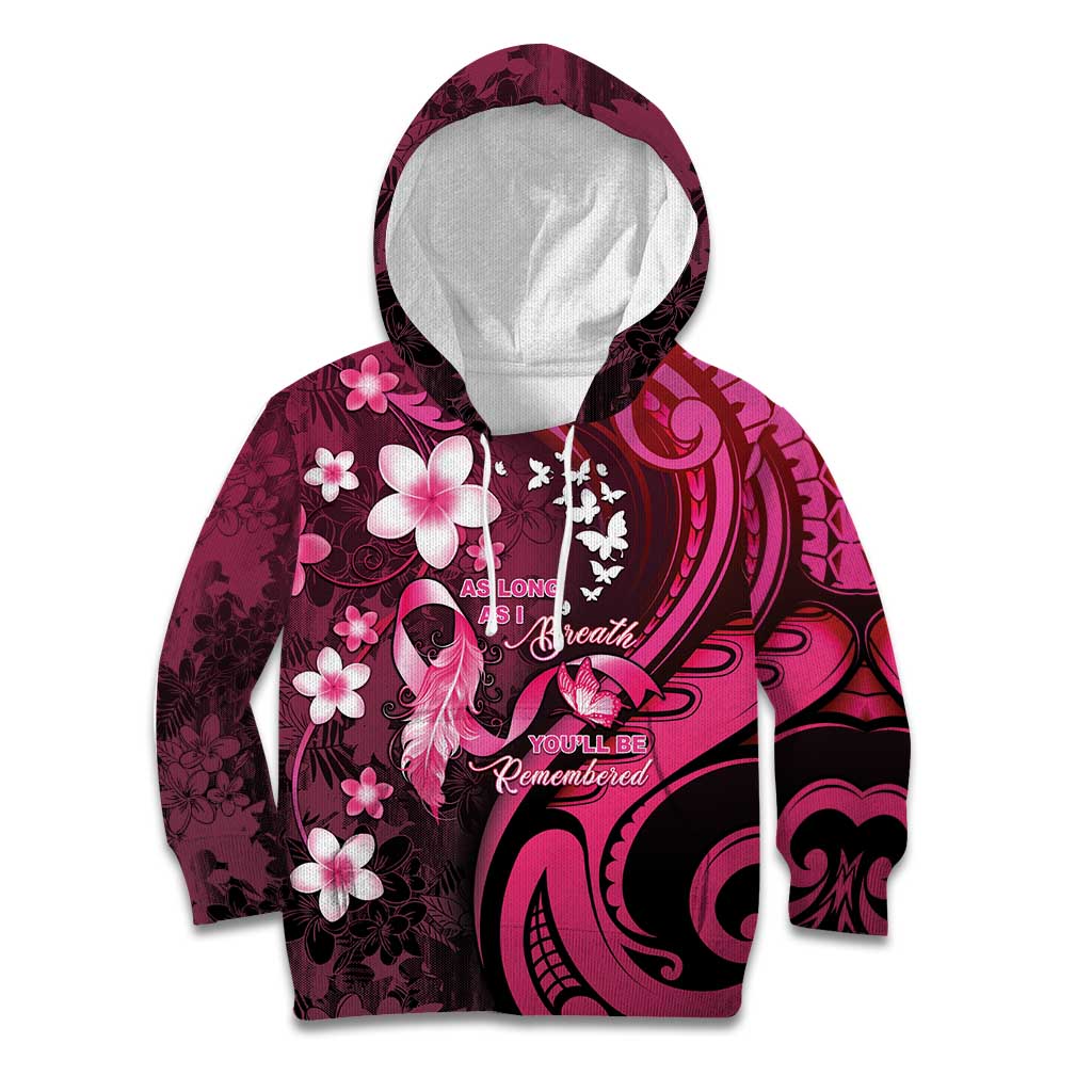 Personalised Memorial Breast Cancer Awareness Kid Hoodie Plumeria Floral Tribal Pattern LT05 Hoodie Black - Polynesian Pride