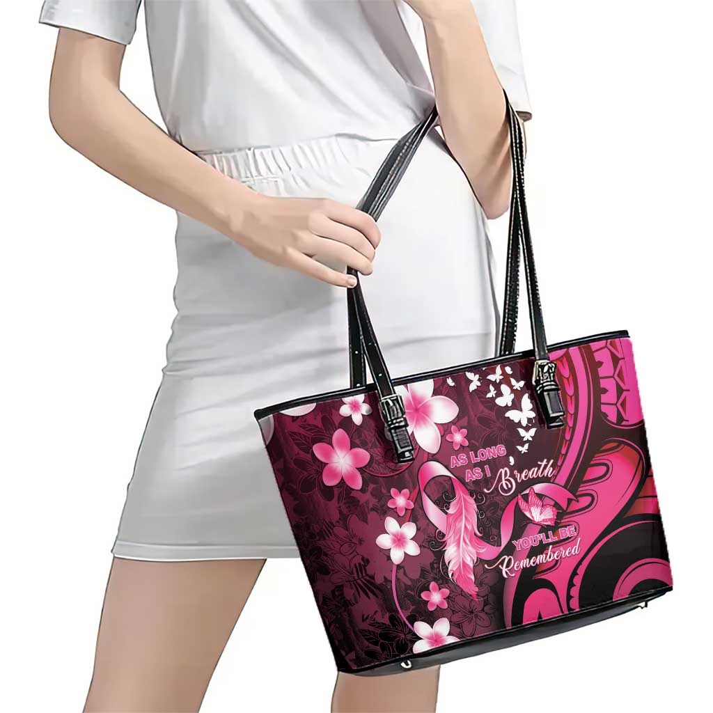 Memorial Breast Cancer Awareness Leather Tote Bag Plumeria Floral Tribal Pattern - Polynesian Pride