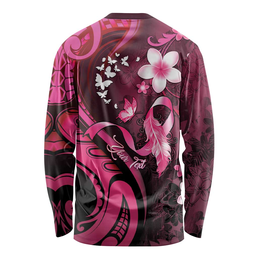 Personalised Memorial Breast Cancer Awareness Long Sleeve Shirt Plumeria Floral Tribal Pattern - Polynesian Pride