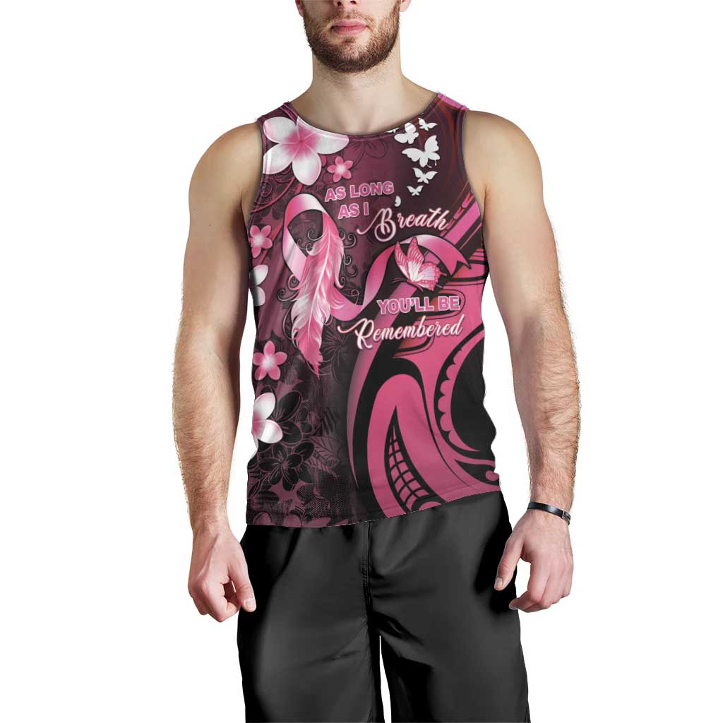 Personalised Memorial Breast Cancer Awareness Men Tank Top Plumeria Floral Tribal Pattern - Polynesian Pride