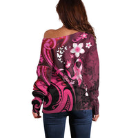 Personalised Memorial Breast Cancer Awareness Off Shoulder Sweater Plumeria Floral Tribal Pattern - Polynesian Pride