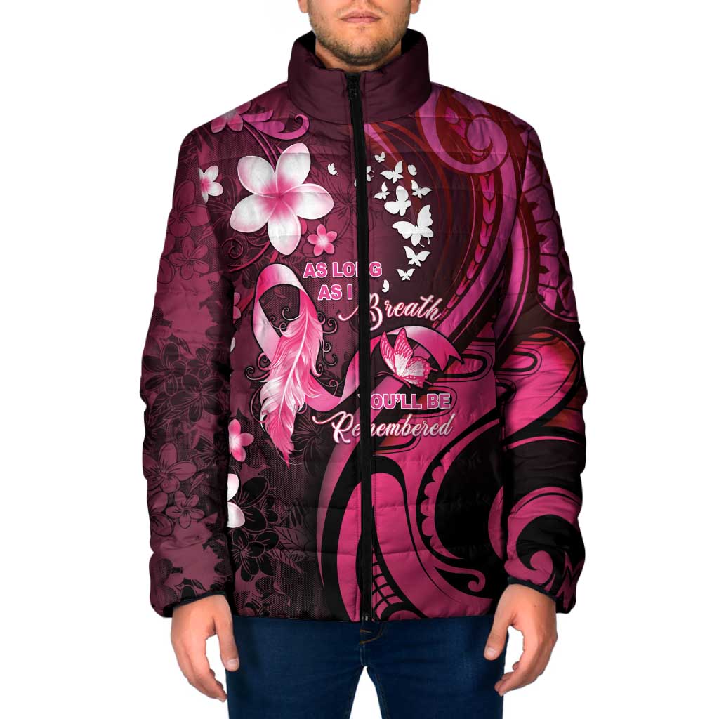 Personalised Memorial Breast Cancer Awareness Padded Jacket Plumeria Floral Tribal Pattern LT05 Men Black - Polynesian Pride