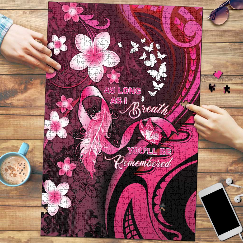 Memorial Breast Cancer Awareness Puzzle Plumeria Floral Tribal Pattern - Polynesian Pride