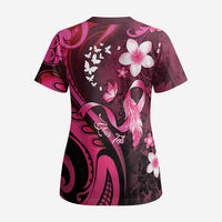 Personalised Memorial Breast Cancer Awareness Scrub Top Plumeria Floral Tribal Pattern - Polynesian Pride