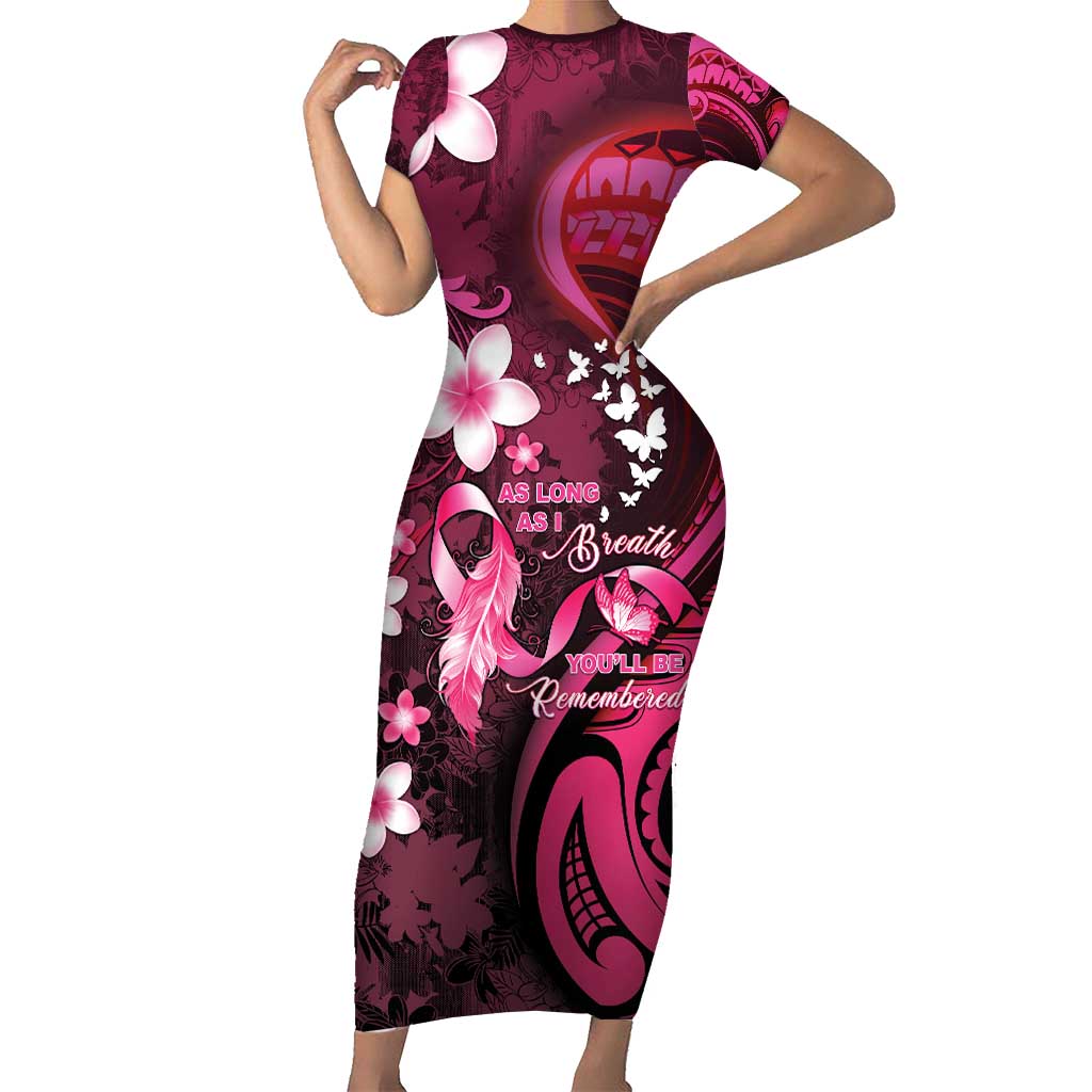 Personalised Memorial Breast Cancer Awareness Short Sleeve Bodycon Dress Plumeria Floral Tribal Pattern - Polynesian Pride