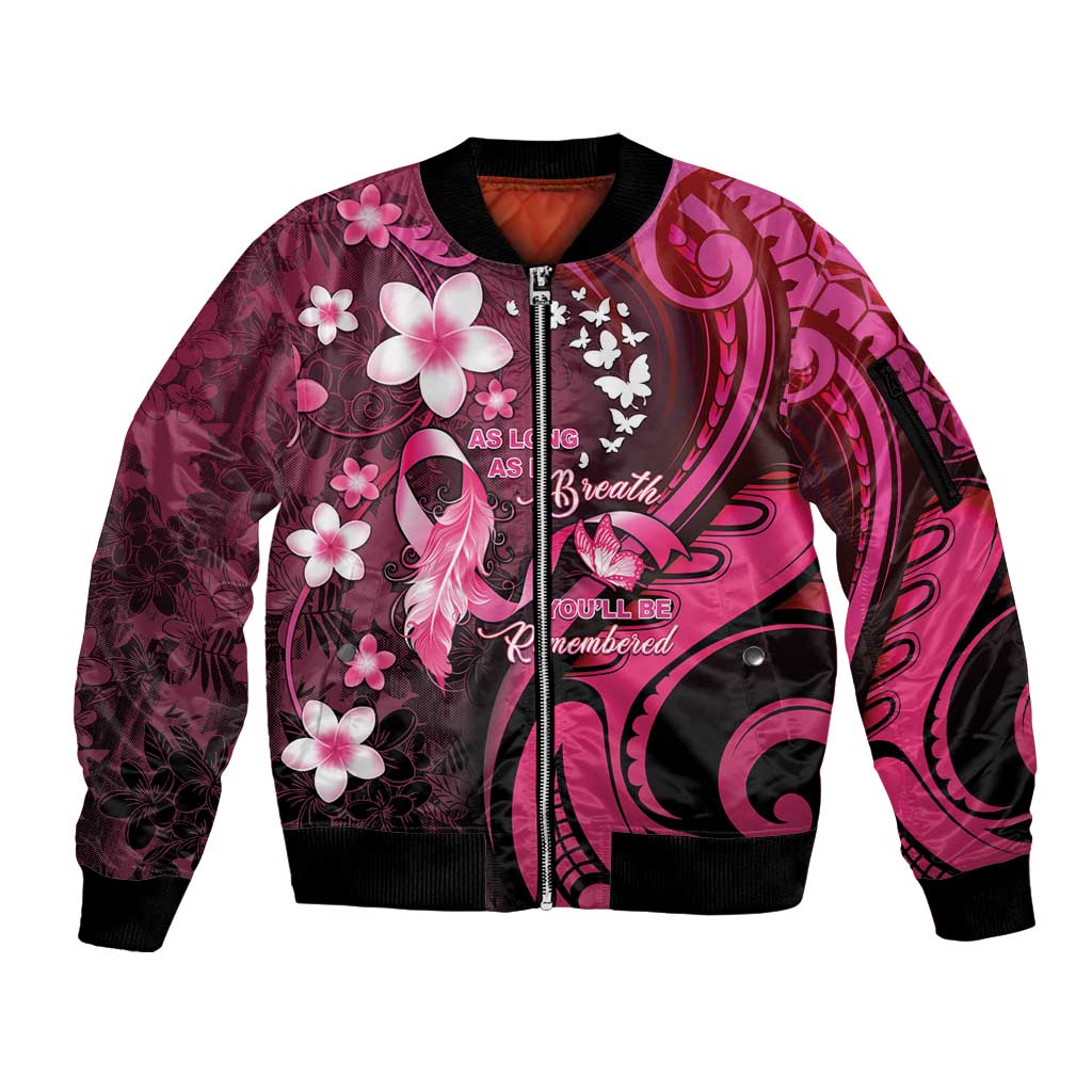 Personalised Memorial Breast Cancer Awareness Sleeve Zip Bomber Jacket Plumeria Floral Tribal Pattern - Polynesian Pride