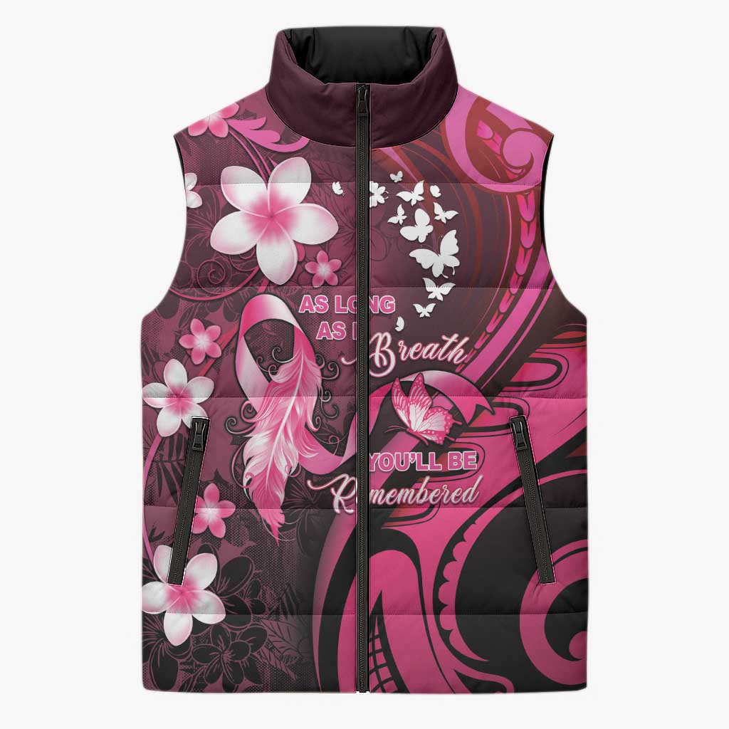 Personalised Memorial Breast Cancer Awareness Sleeveless Puffer Jacket Plumeria Floral Tribal Pattern LT05 Unisex Black - Polynesian Pride