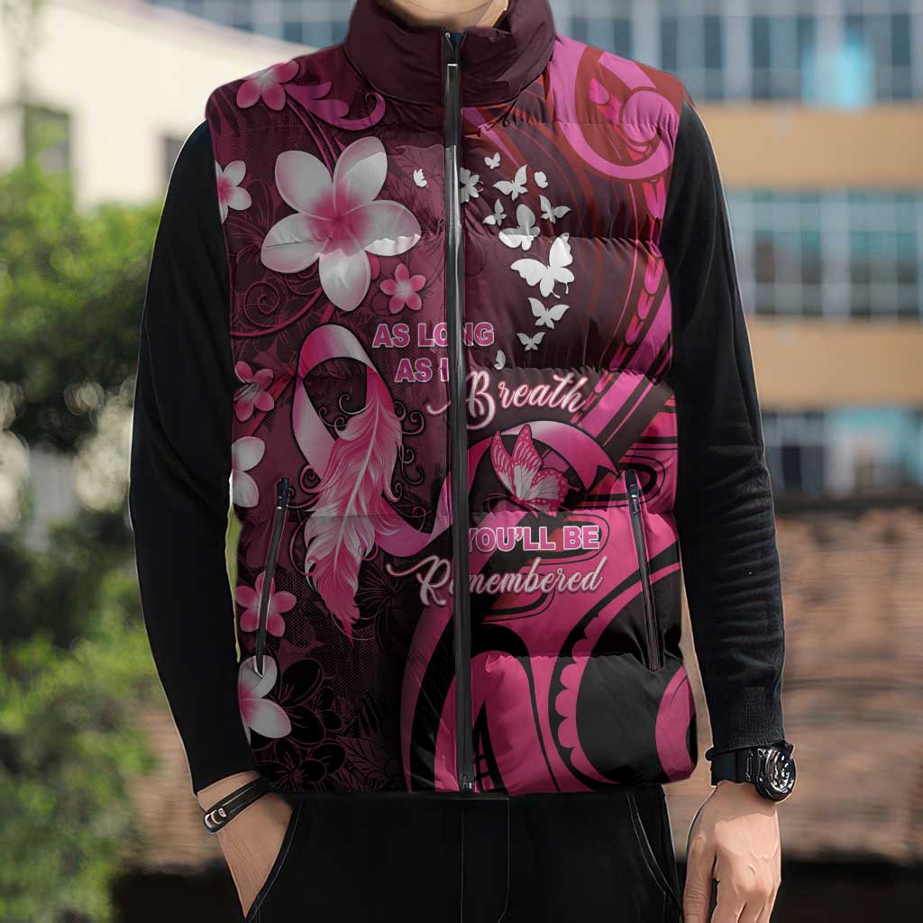 Personalised Memorial Breast Cancer Awareness Sleeveless Puffer Jacket Plumeria Floral Tribal Pattern - Polynesian Pride