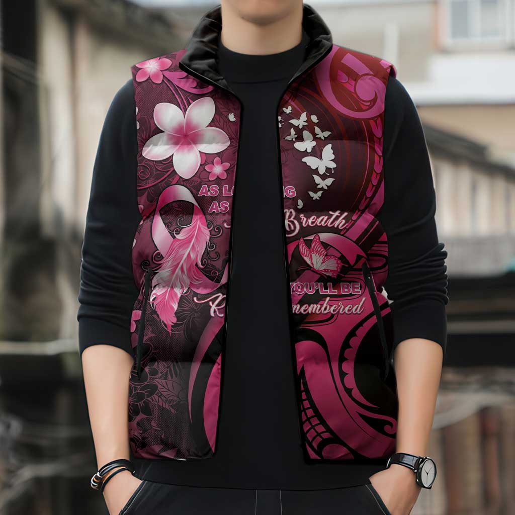 Personalised Memorial Breast Cancer Awareness Sleeveless Puffer Jacket Plumeria Floral Tribal Pattern - Polynesian Pride