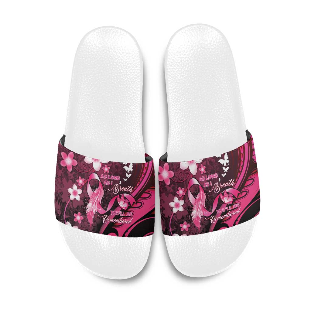 Memorial Breast Cancer Awareness Slide Sandals Plumeria Floral Tribal Pattern - Polynesian Pride