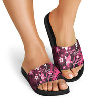 Memorial Breast Cancer Awareness Slide Sandals Plumeria Floral Tribal Pattern - Polynesian Pride