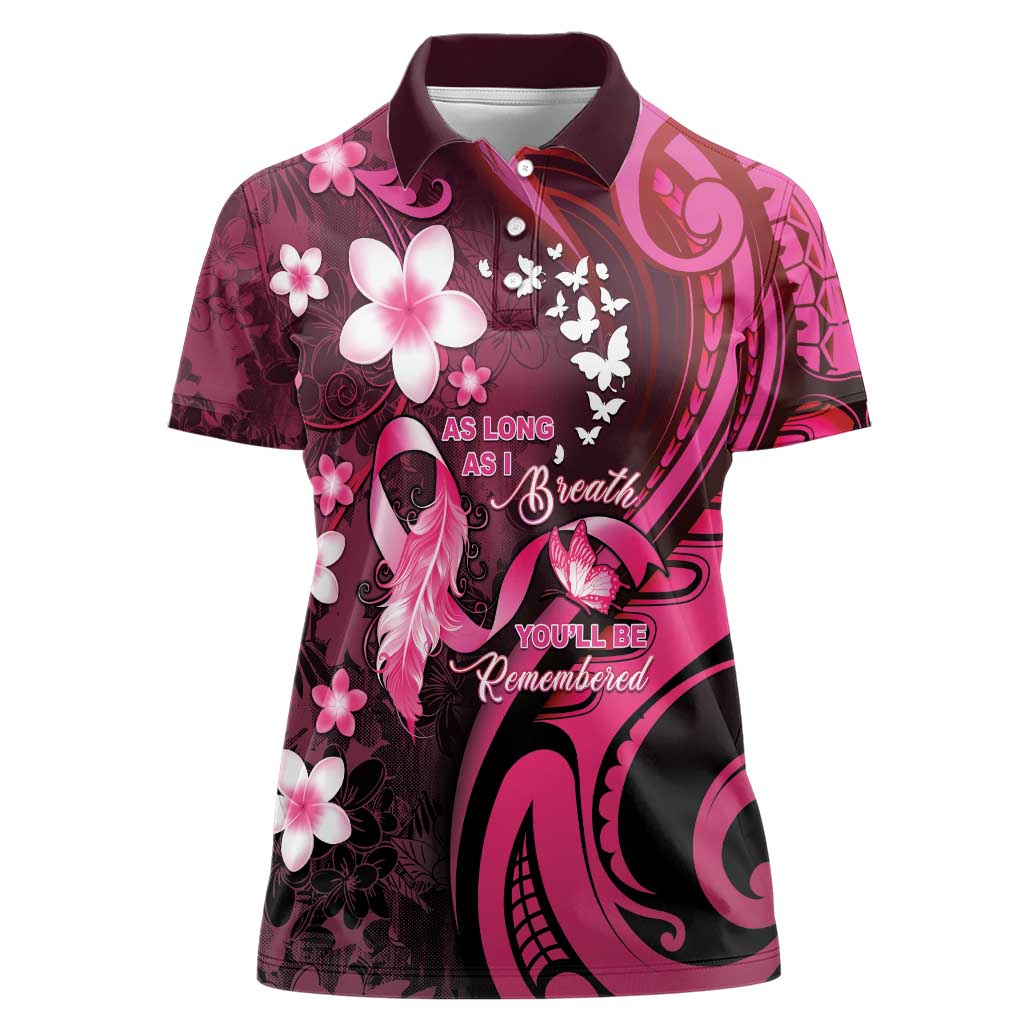 Personalised Memorial Breast Cancer Awareness Women Polo Shirt Plumeria Floral Tribal Pattern - Polynesian Pride