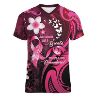 Personalised Memorial Breast Cancer Awareness Women V-Neck T-Shirt Plumeria Floral Tribal Pattern - Polynesian Pride