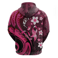 Personalised Memorial Breast Cancer Awareness Zip Hoodie Plumeria Floral Tribal Pattern - Polynesian Pride