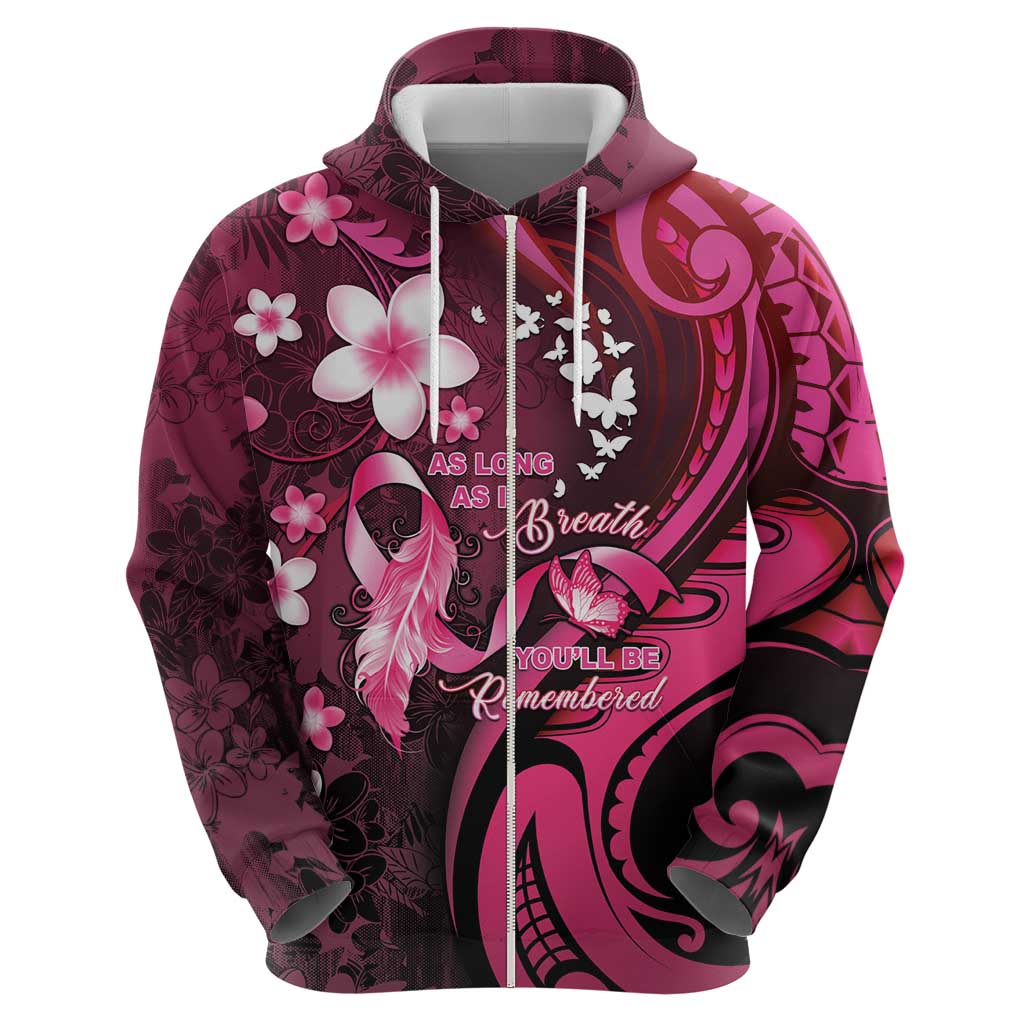 Personalised Memorial Breast Cancer Awareness Zip Hoodie Plumeria Floral Tribal Pattern - Polynesian Pride