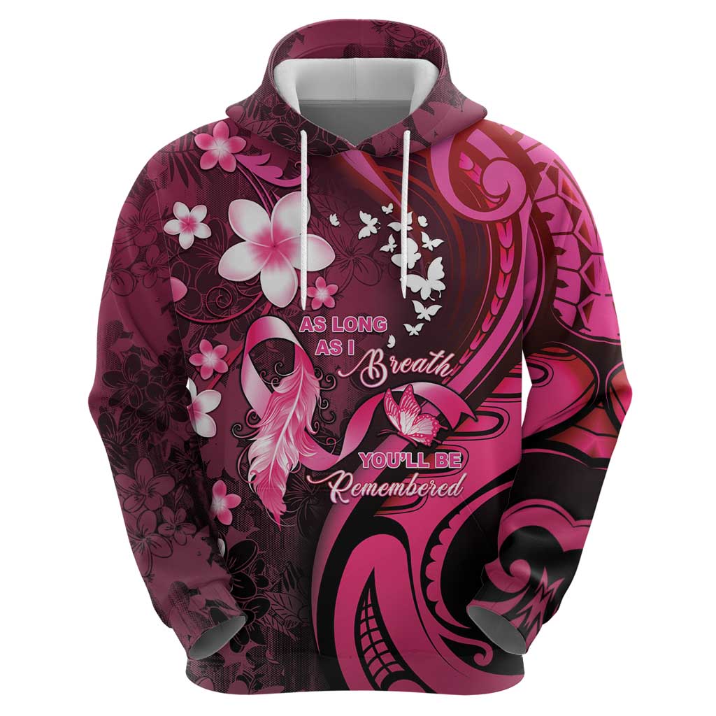 Personalised Memorial Breast Cancer Awareness Zip Hoodie Plumeria Floral Tribal Pattern - Polynesian Pride