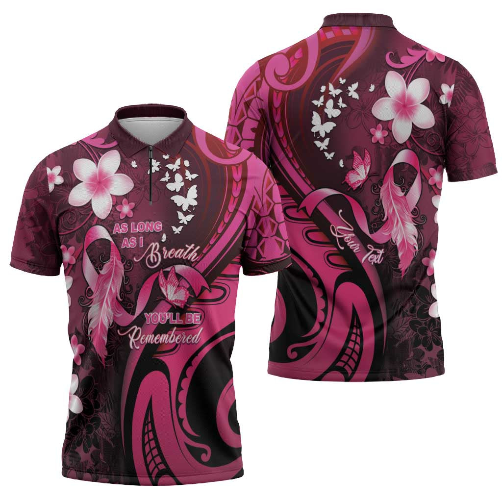 Personalised Memorial Breast Cancer Awareness Zipper Polo Shirt Plumeria Floral Tribal Pattern - Polynesian Pride
