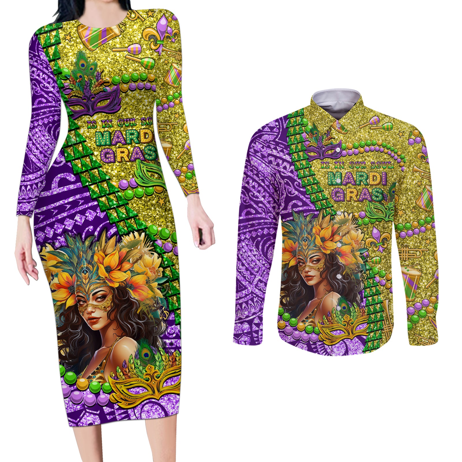 Personalised Hawaii Mardi Gras Couples Matching Long Sleeve Bodycon Dress and Long Sleeve Button Shirt Polynesian Pattern With Glitter Style LT05 Yellow - Polynesian Pride
