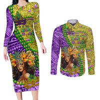 Personalised Hawaii Mardi Gras Couples Matching Long Sleeve Bodycon Dress and Long Sleeve Button Shirt Polynesian Pattern With Glitter Style LT05 Yellow - Polynesian Pride
