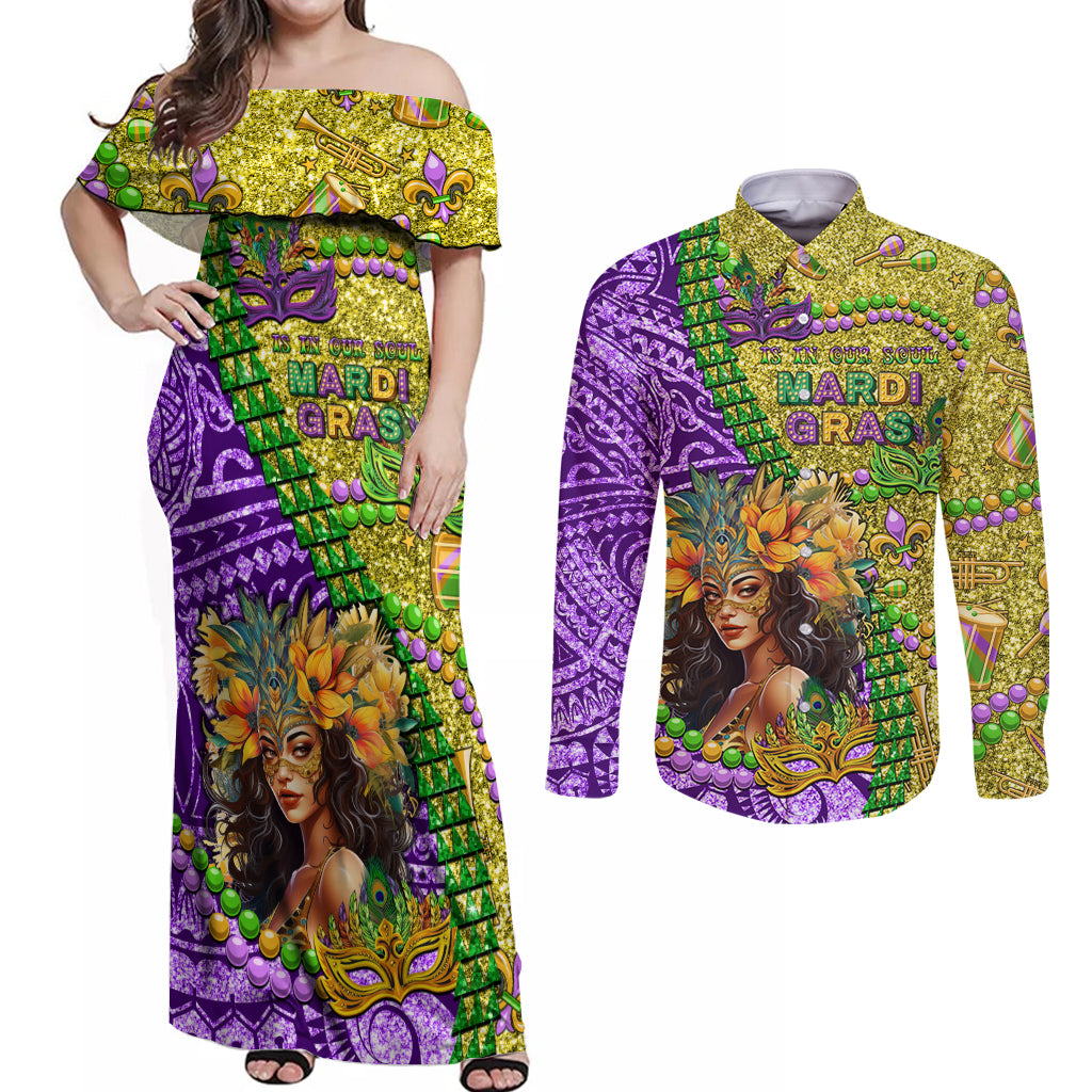 Personalised Hawaii Mardi Gras Couples Matching Off Shoulder Maxi Dress and Long Sleeve Button Shirt Polynesian Pattern With Glitter Style LT05 Yellow - Polynesian Pride