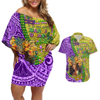 Personalised Hawaii Mardi Gras Couples Matching Off Shoulder Short Dress and Hawaiian Shirt Polynesian Pattern With Glitter Style LT05 Yellow - Polynesian Pride
