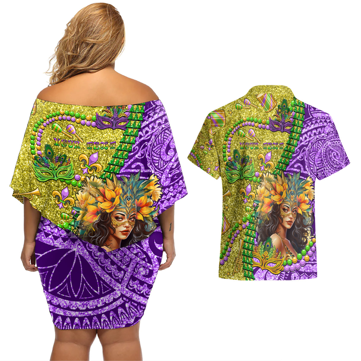 Personalised Hawaii Mardi Gras Couples Matching Off Shoulder Short Dress and Hawaiian Shirt Polynesian Pattern With Glitter Style LT05 - Polynesian Pride