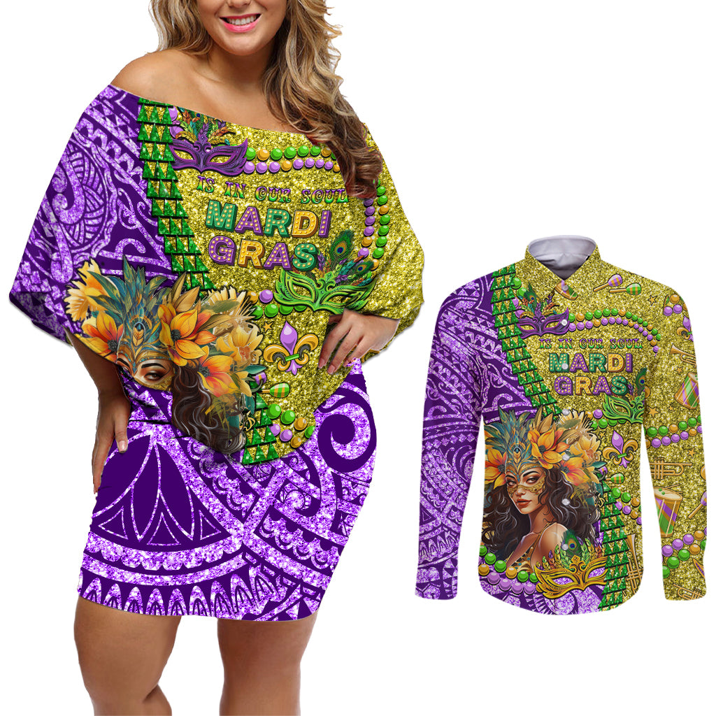 Personalised Hawaii Mardi Gras Couples Matching Off Shoulder Short Dress and Long Sleeve Button Shirt Polynesian Pattern With Glitter Style LT05 Yellow - Polynesian Pride
