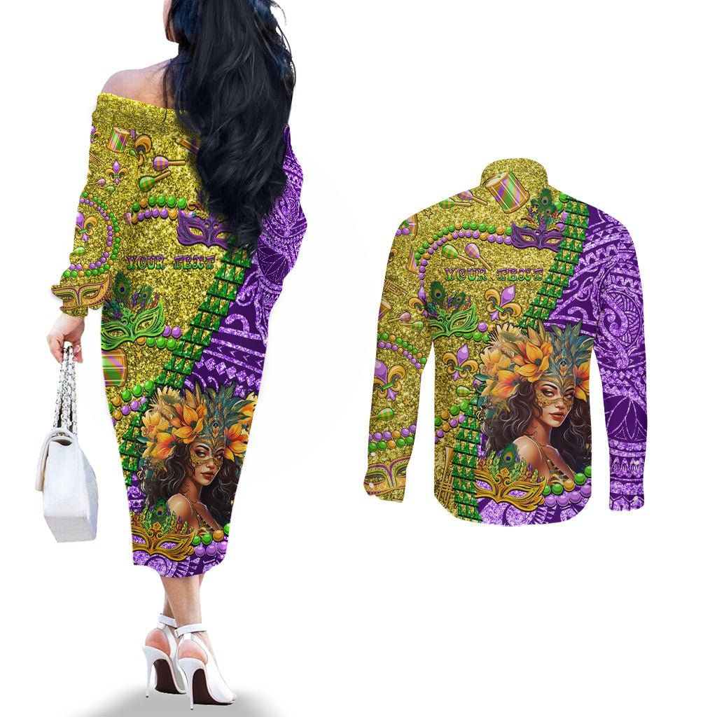 Personalised Hawaii Mardi Gras Couples Matching Off The Shoulder Long Sleeve Dress and Long Sleeve Button Shirt Polynesian Pattern With Glitter Style LT05 - Polynesian Pride