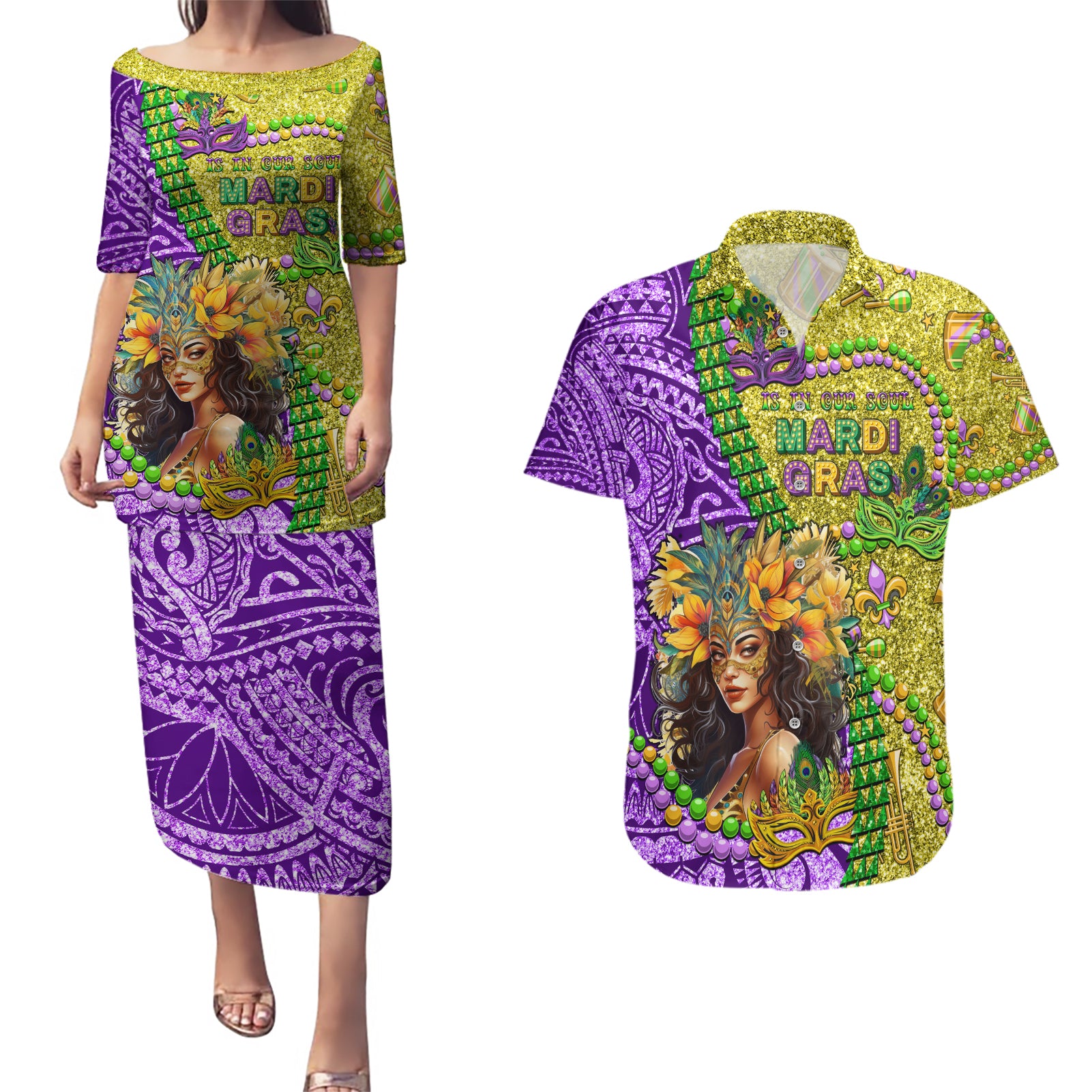 Personalised Hawaii Mardi Gras Couples Matching Puletasi and Hawaiian Shirt Polynesian Pattern With Glitter Style LT05 Yellow - Polynesian Pride