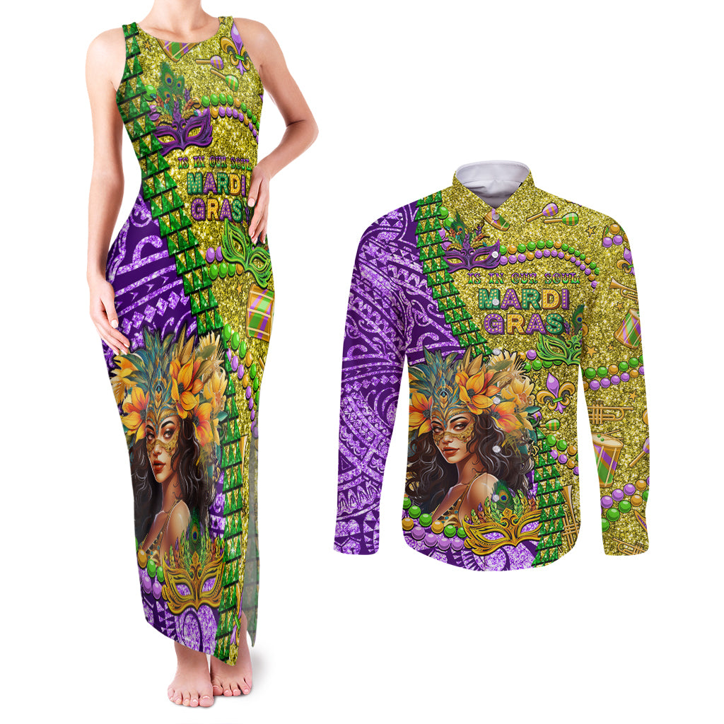 Personalised Hawaii Mardi Gras Couples Matching Tank Maxi Dress and Long Sleeve Button Shirt Polynesian Pattern With Glitter Style LT05 Yellow - Polynesian Pride