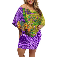 Personalised Hawaii Mardi Gras Family Matching Off Shoulder Short Dress and Hawaiian Shirt Polynesian Pattern With Glitter Style LT05 Mom's Dress Yellow - Polynesian Pride