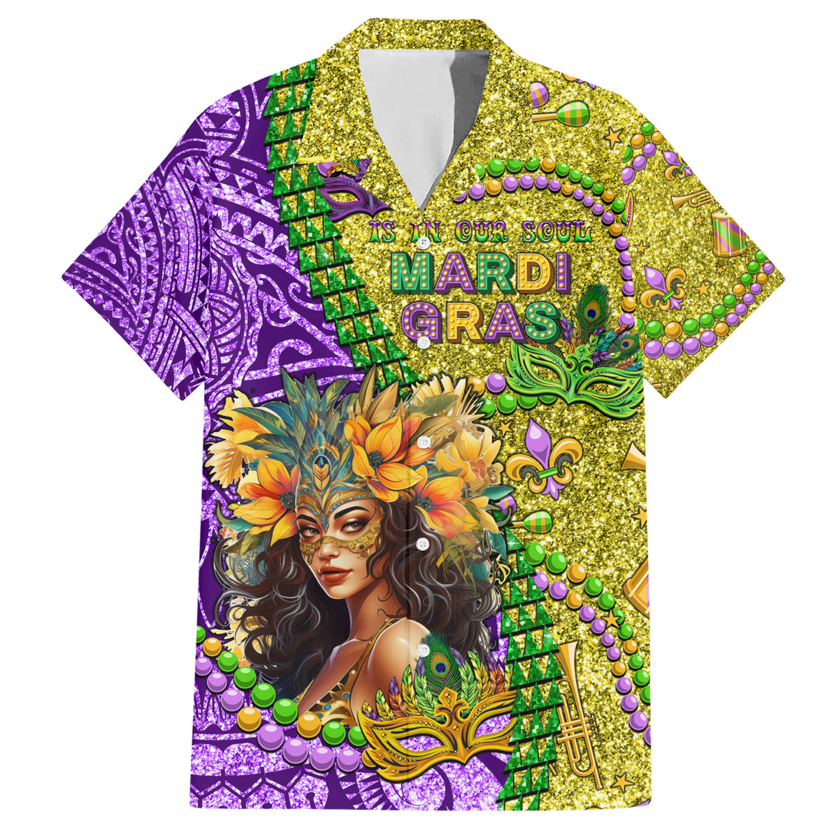 Personalised Hawaii Mardi Gras Family Matching Short Sleeve Bodycon Dress and Hawaiian Shirt Polynesian Pattern With Glitter Style LT05 Dad's Shirt - Short Sleeve Yellow - Polynesian Pride