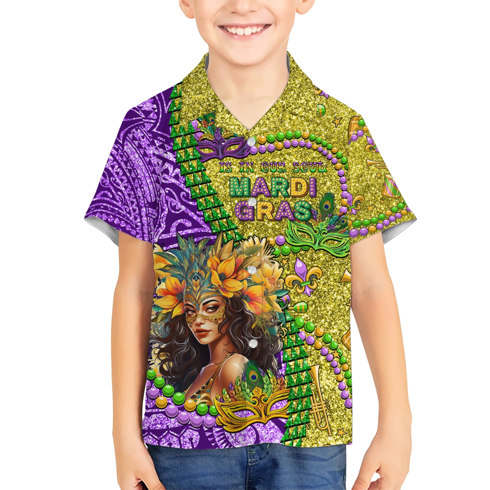 Personalised Hawaii Mardi Gras Kid Hawaiian Shirt Polynesian Pattern With Glitter Style LT05 Kid Yellow - Polynesian Pride