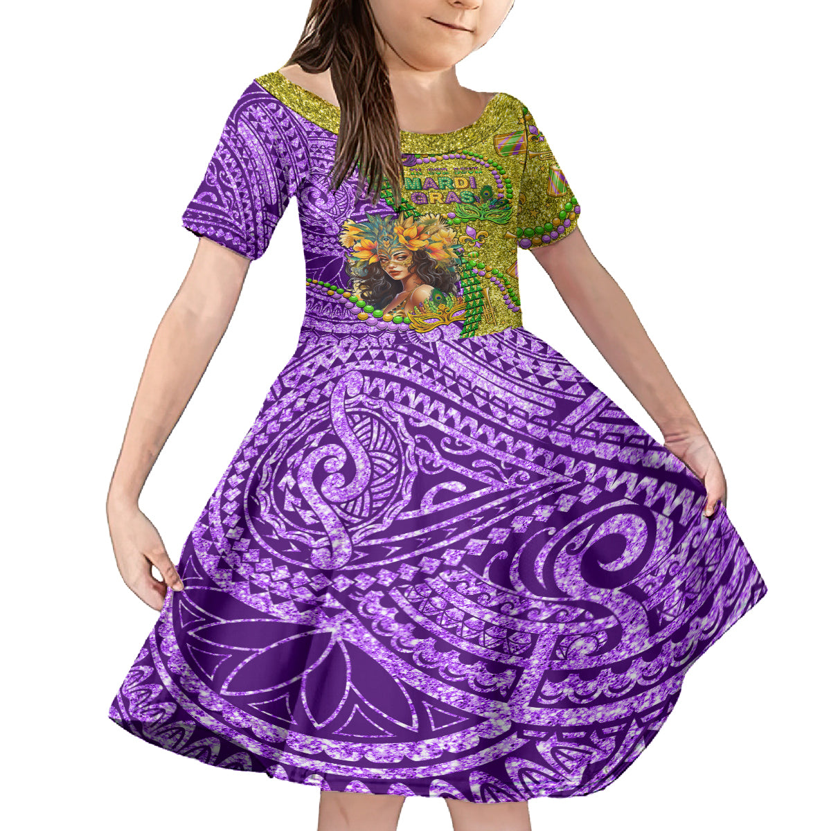Personalised Hawaii Mardi Gras Kid Short Sleeve Dress Polynesian Pattern With Glitter Style LT05 KID Yellow - Polynesian Pride