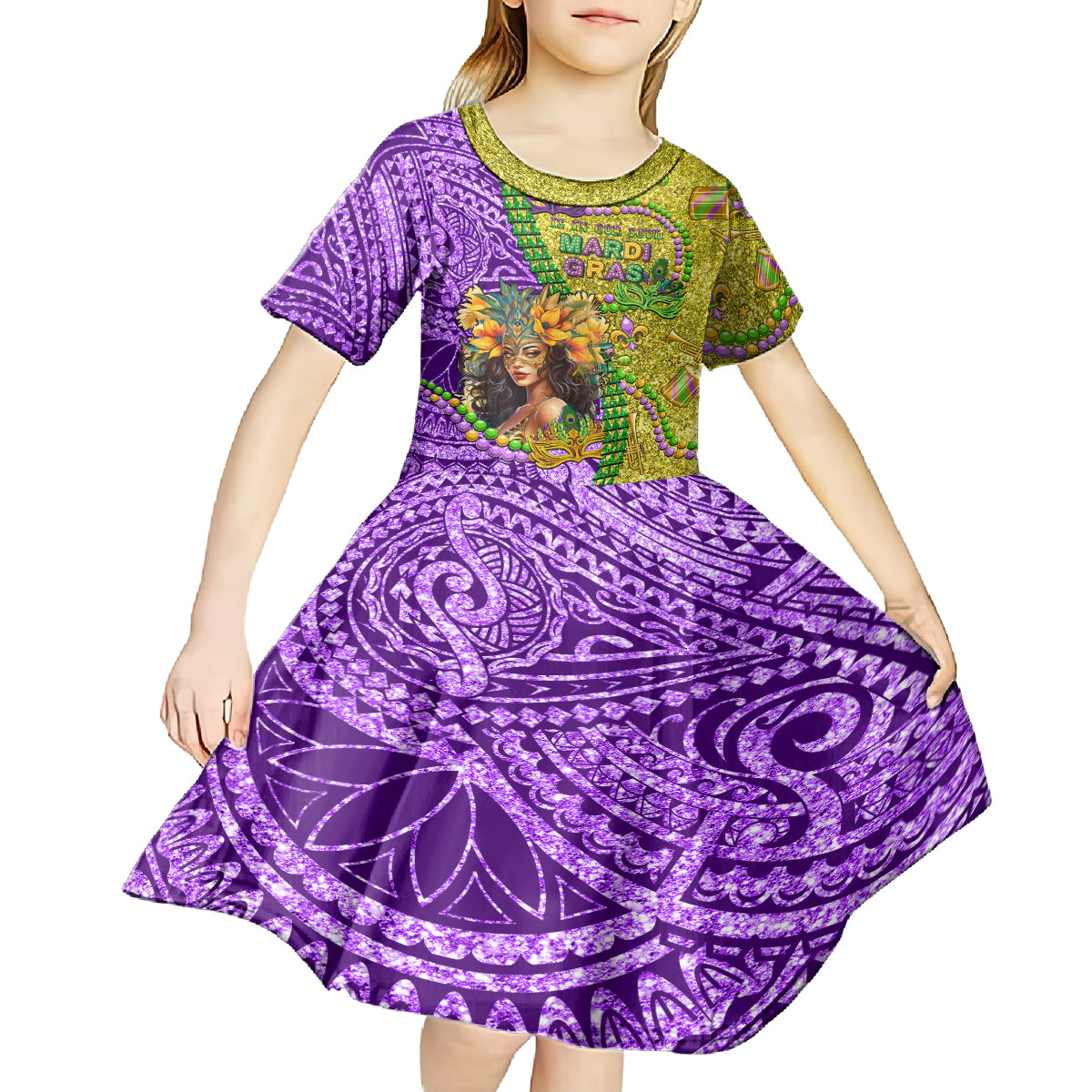 Personalised Hawaii Mardi Gras Kid Short Sleeve Dress Polynesian Pattern With Glitter Style LT05 - Polynesian Pride