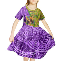 Personalised Hawaii Mardi Gras Kid Short Sleeve Dress Polynesian Pattern With Glitter Style LT05 - Polynesian Pride