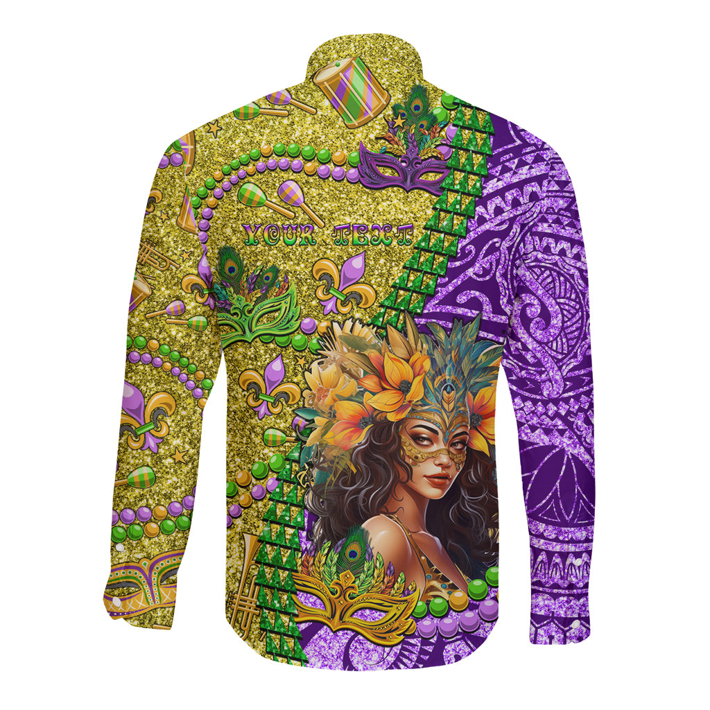 Personalised Hawaii Mardi Gras Long Sleeve Button Shirt Polynesian Pattern With Glitter Style LT05 - Polynesian Pride