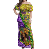 Personalised Hawaii Mardi Gras Off Shoulder Maxi Dress Polynesian Pattern With Glitter Style LT05 Women Yellow - Polynesian Pride