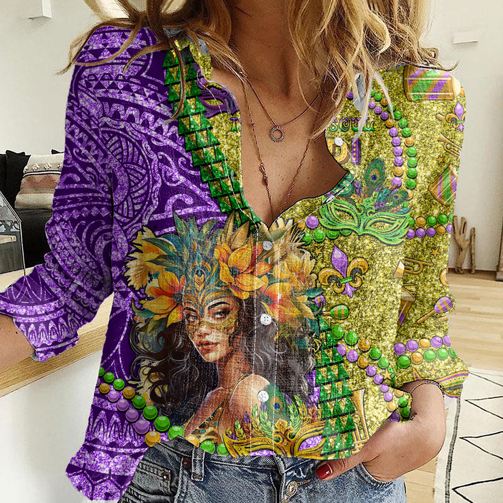 Personalised Hawaii Mardi Gras Women Casual Shirt Polynesian Pattern With Glitter Style LT05 Female Yellow - Polynesian Pride