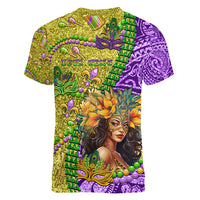 Personalised Hawaii Mardi Gras Women V Neck T Shirt Polynesian Pattern With Glitter Style LT05 - Polynesian Pride