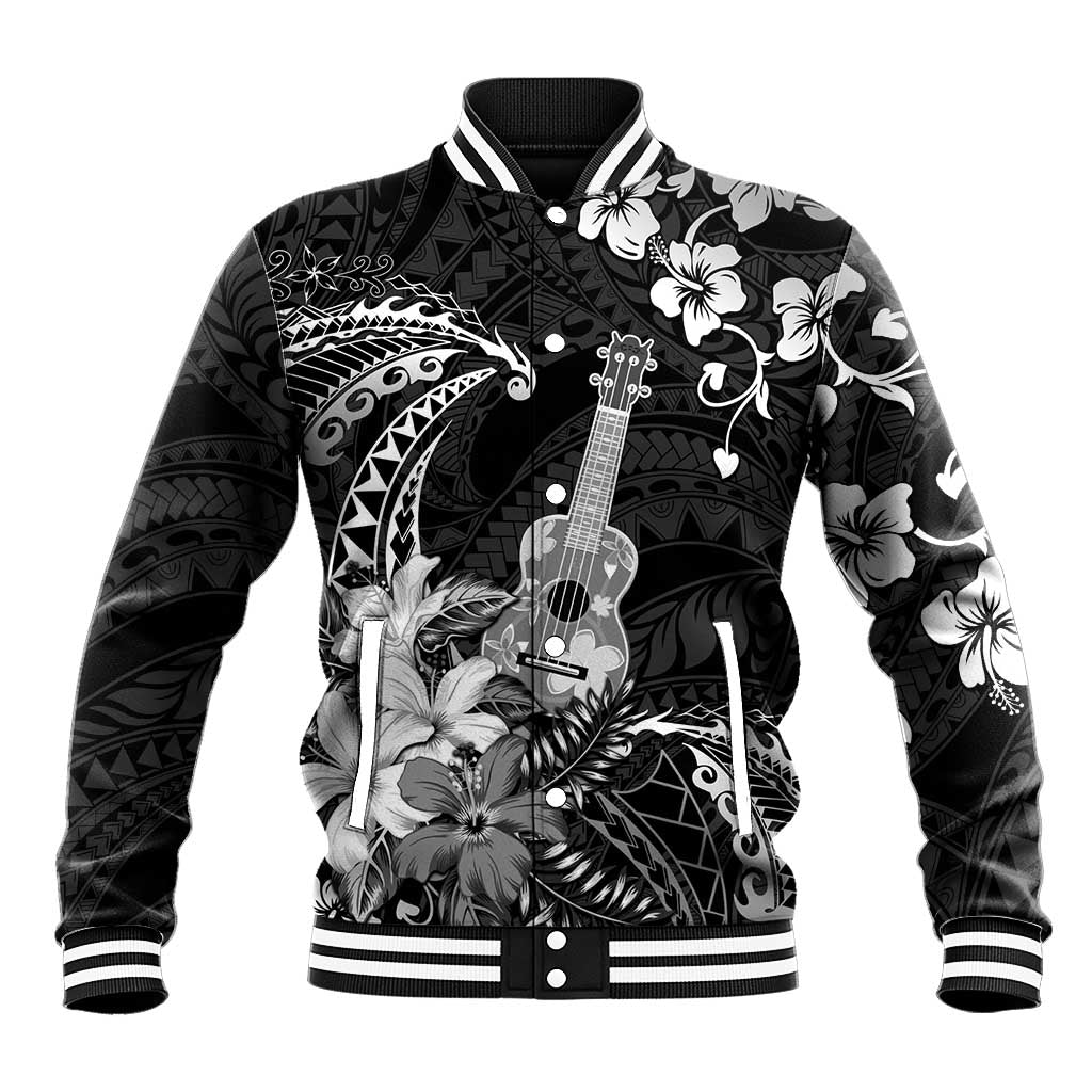 Hawaii Ukulele Baseball Jacket Polynesian Pattern Mix Hibiscus Black Version LT05 Unisex Black - Polynesian Pride
