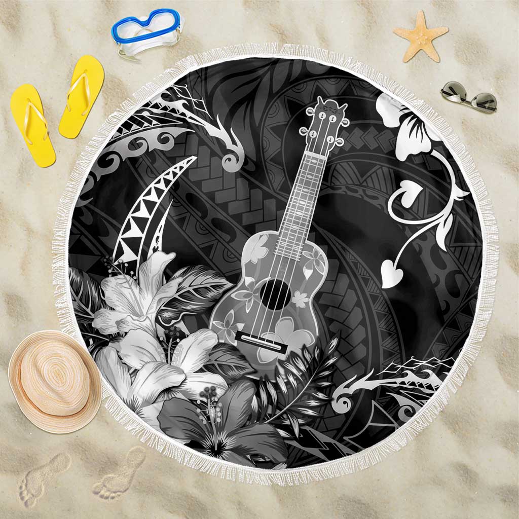 Hawaii Ukulele Beach Blanket Polynesian Pattern Mix Hibiscus Black Version LT05 One Size 150cm Black - Polynesian Pride