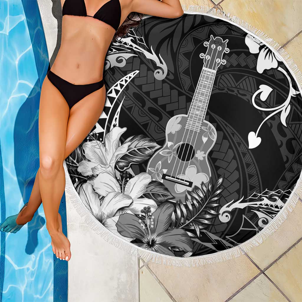 Hawaii Ukulele Beach Blanket Polynesian Pattern Mix Hibiscus Black Version