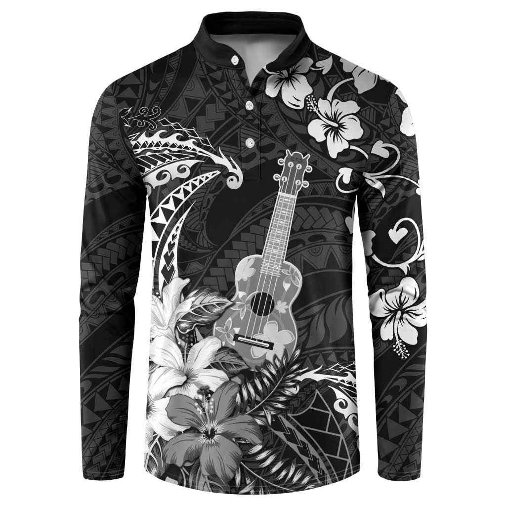 Hawaii Ukulele Button Sweatshirt Polynesian Pattern Mix Hibiscus Black Version LT05 Black - Polynesian Pride