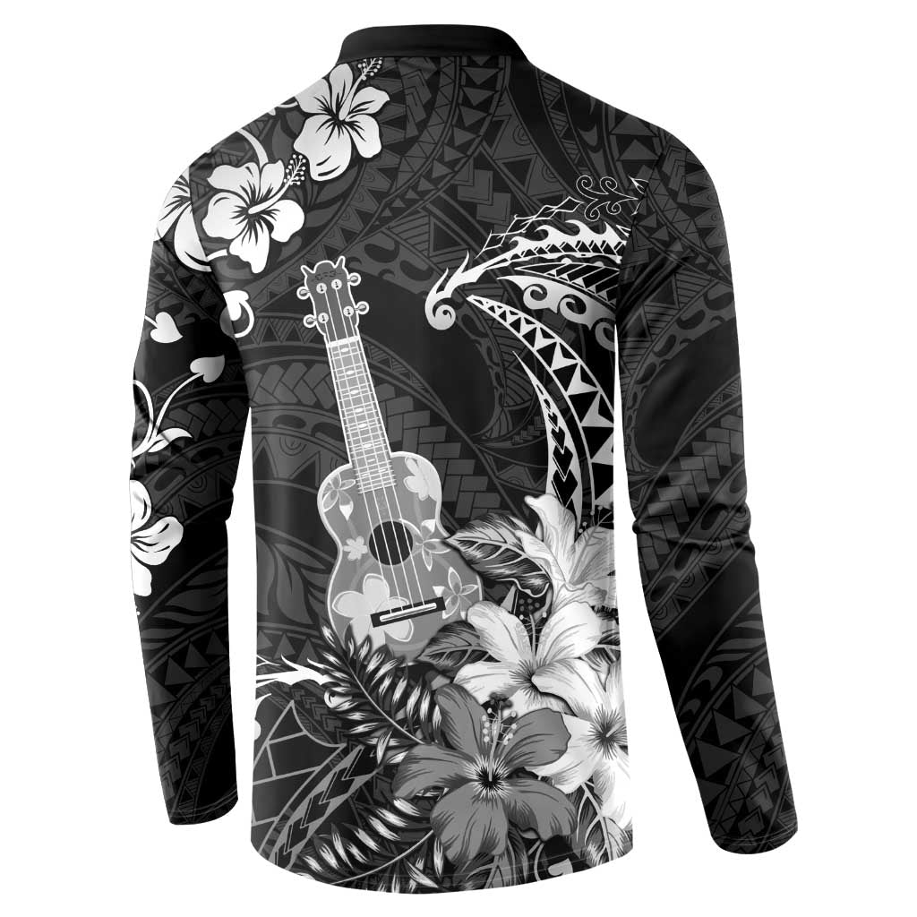 Hawaii Ukulele Button Sweatshirt Polynesian Pattern Mix Hibiscus Black Version LT05