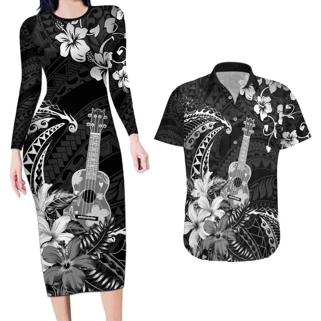 Hawaii Ukulele Couples Matching Long Sleeve Bodycon Dress and Hawaiian Shirt Polynesian Pattern Mix Hibiscus Black Version LT05
